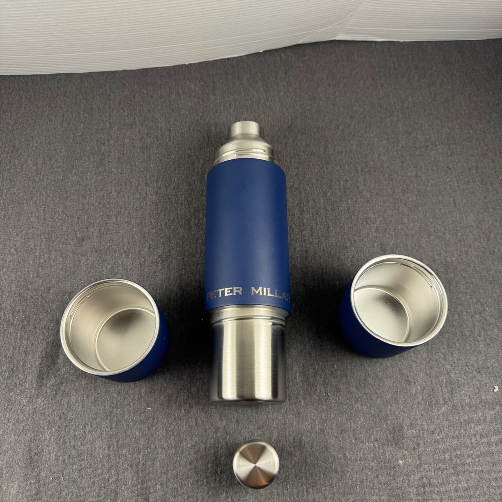 Peter Millar Navy Blue Stainless Steel Insulated Thermal Flask with Two Cups